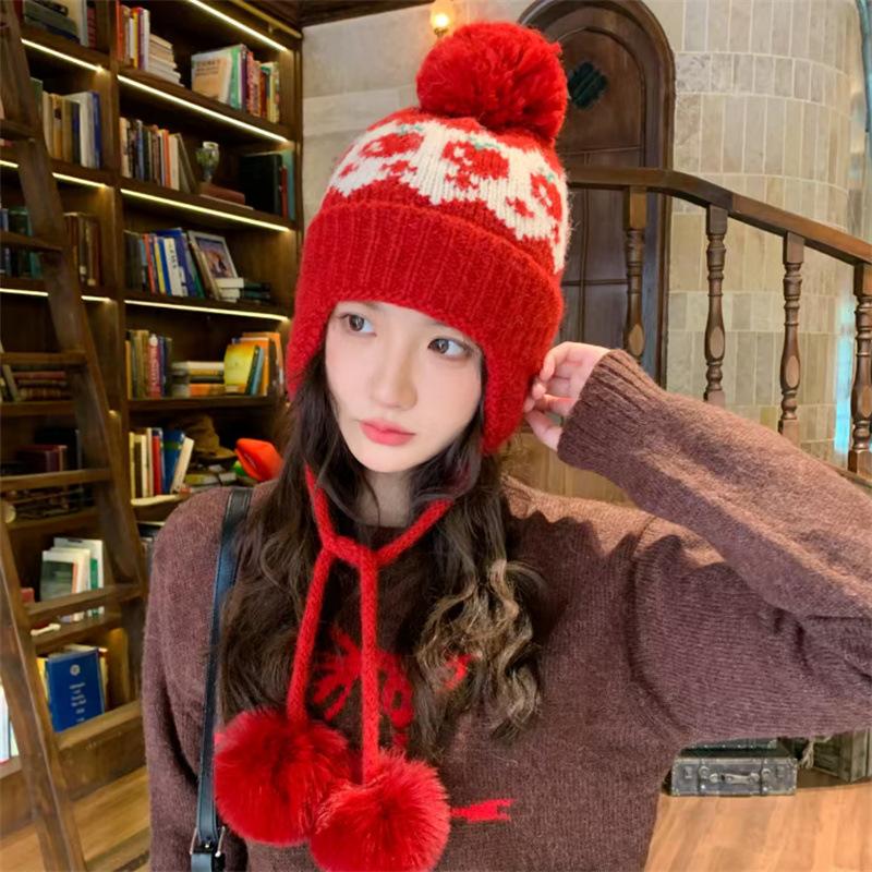 Autumn and Winter Warm Ear Protection Wool Hat New Red Fair Island Plaid Cute Hairball Knitted Hat Children
