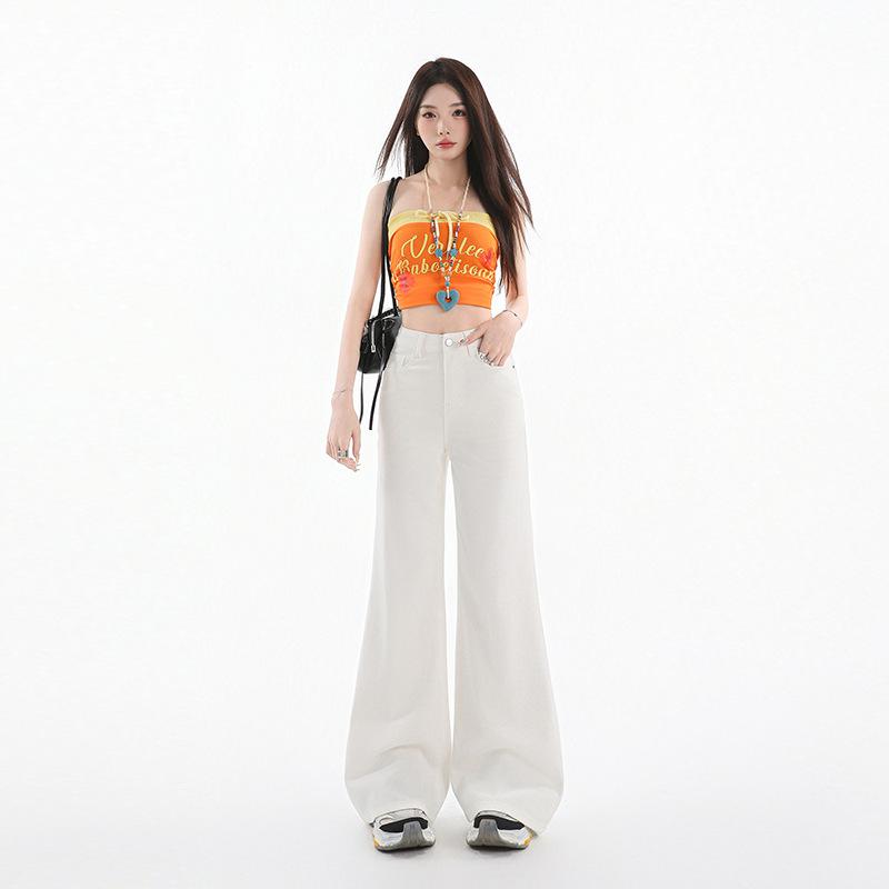 White non-stick leg slightly pulled jeans women's spring and summer new high-waisted loose and thin wide-leg flared pants