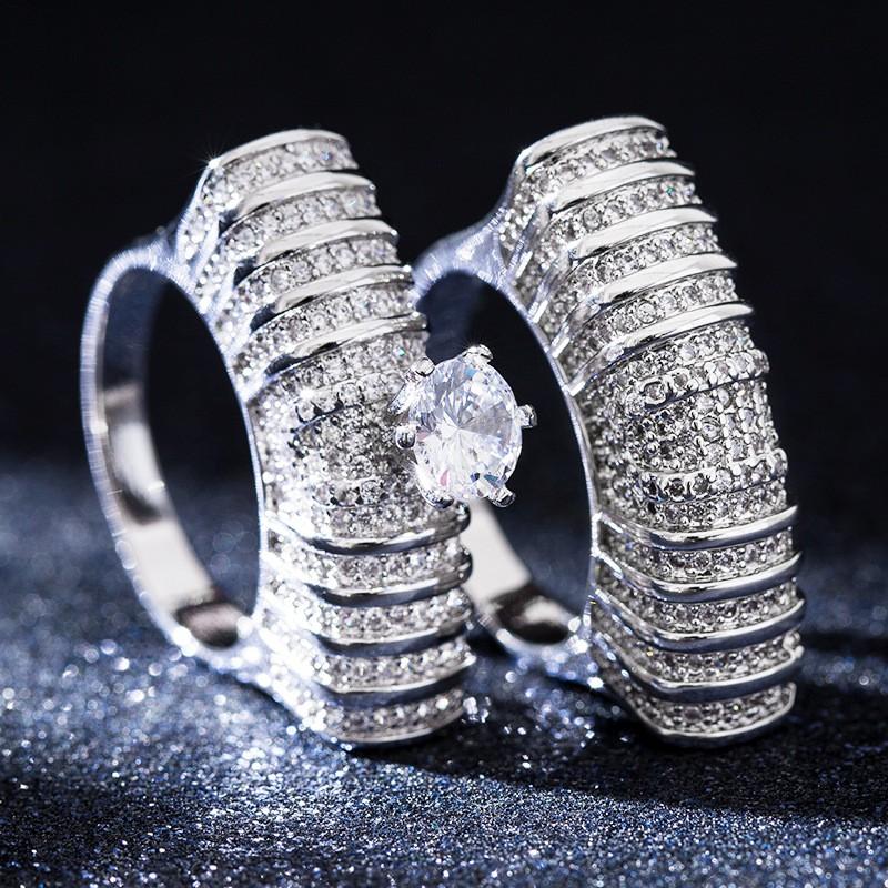 Elegant Double-Layer Hollow Out Zircon Ring Women Copper Geometric Fashion Jewelry Size 6-10