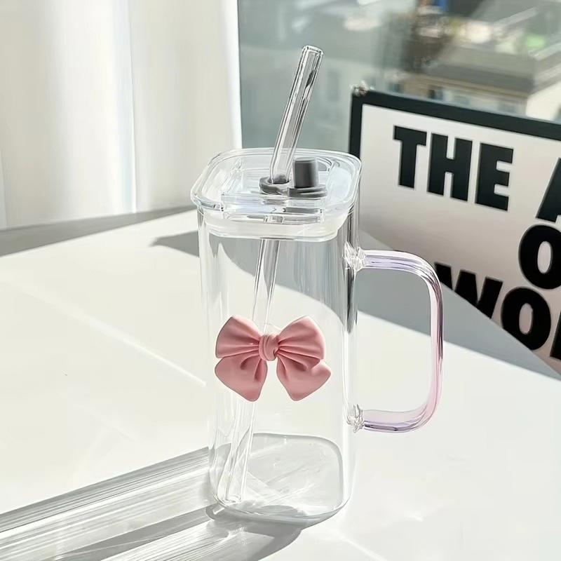 Butterfly-decorated Matcha Glass Versatile High Temperature Resistant With Lids Handle Straw Cup For Coffee Juice Milk