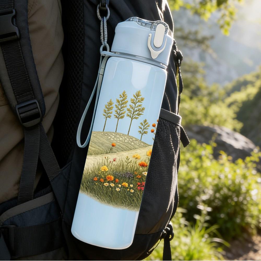 1PC Small Trees On Green Meadow Hill Print 750ml Color Plastic Sports Water Bottle Leakproof Flip Straw Lid Suitable for Sports Office Home Use