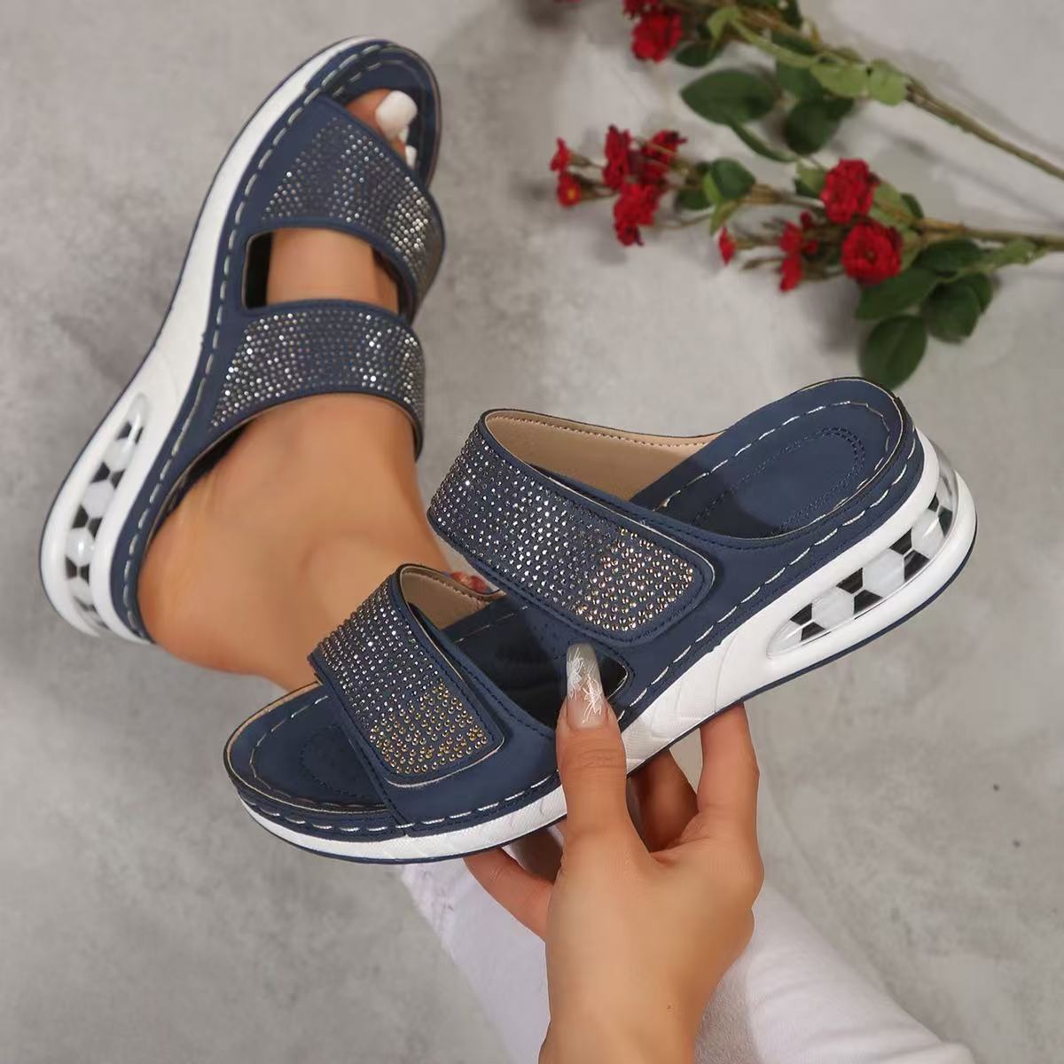 

New Summer Women s Slippers Thick Sole Water Diamond One Line Women s Slippers Thick Cushion Slanted Heel Flat Sole 43 синий
