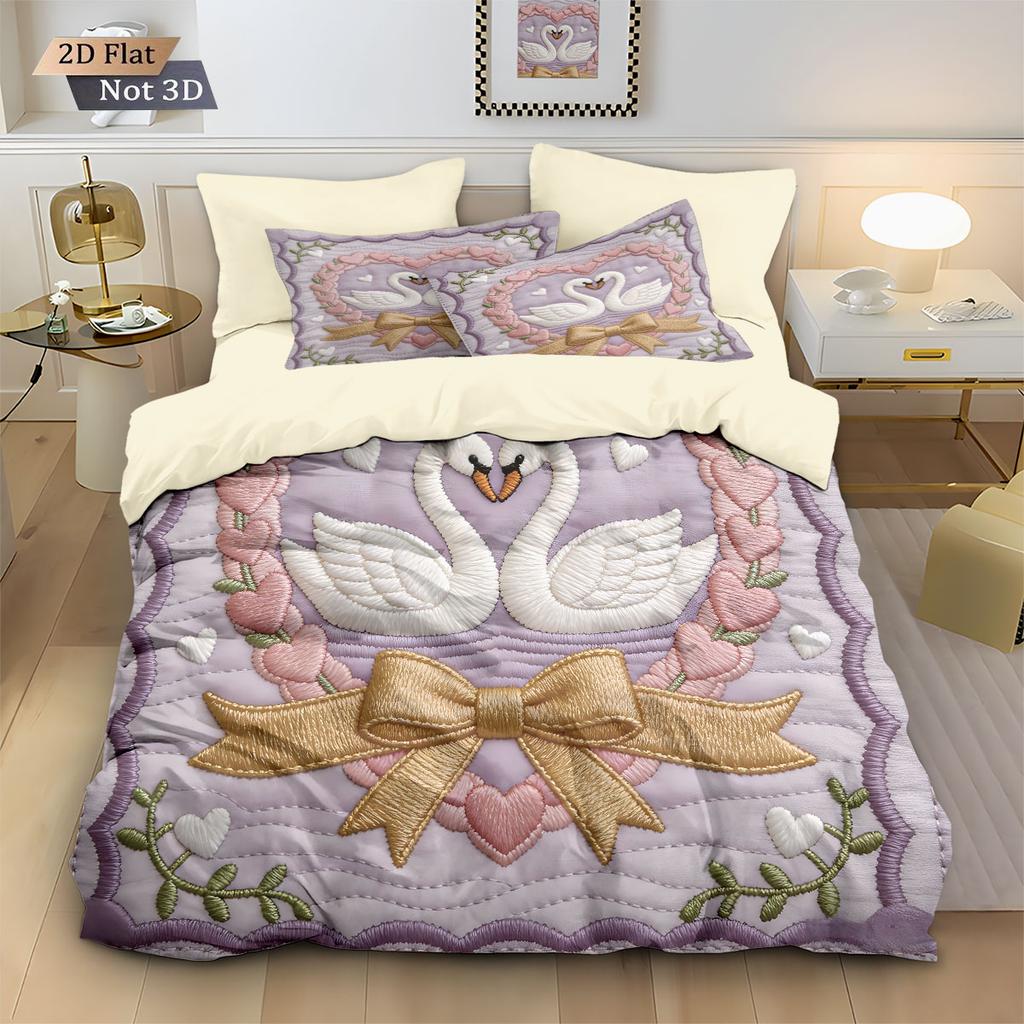 3pcs Valentine's Day Romantic Swan Love Print Coreless Down Duvet Cover Set Comfortable Bedroom Bedding Decoration