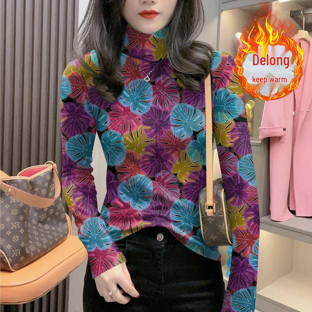 

Stylish Floral High Neck Warm Velvet Base Layer Long Sleeve T-shirt for Middle-Aged & Elderly in Plus Size | Ribbed Heat Storage for Autumn/Winter 2XL (120-135 lbs)