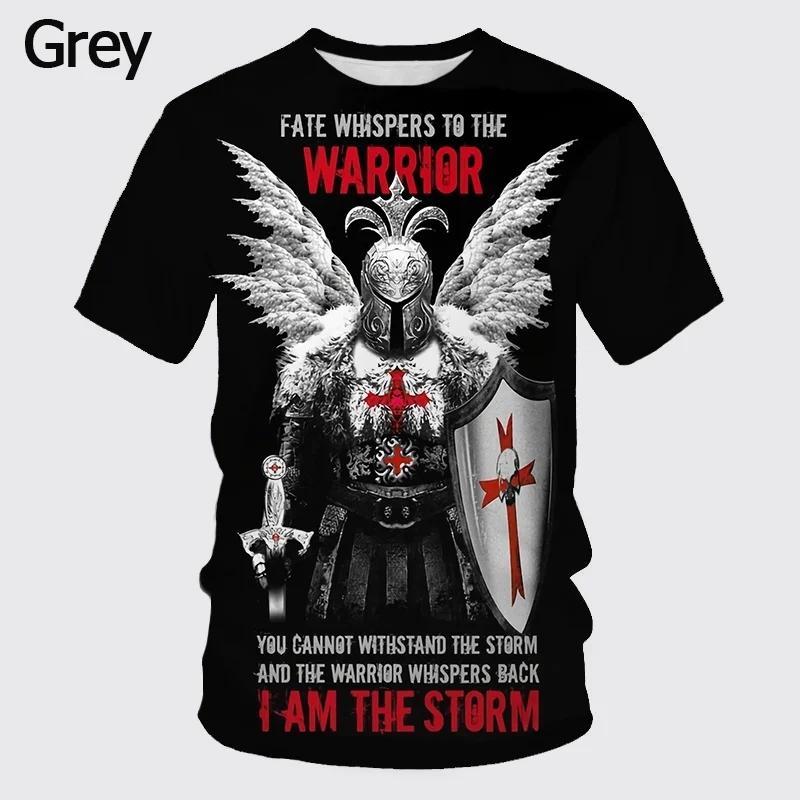 Summer Round Neck 3D Templar Knight Pattern Printed Top Fashionable Casual Short Sleeved Men's T-shirts