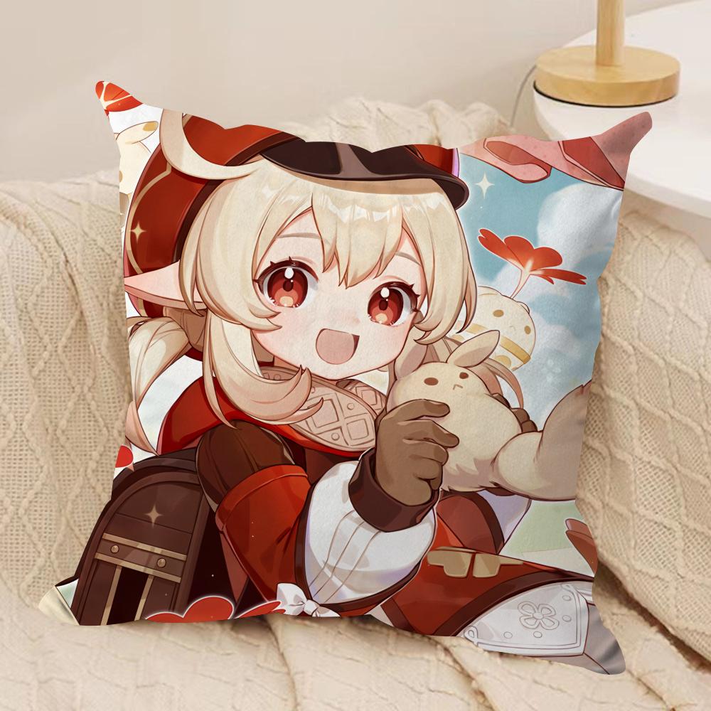 Klee Cute Genshin Impact Cushion Cover Silky Short Plush Invisible Zipper Dustproof Sofa Pillow Case For Home Decor