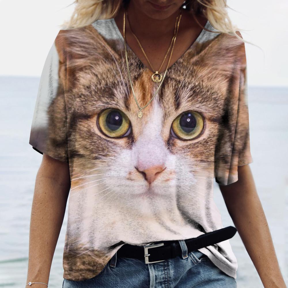 Mode Dier Kat 3D Print T-shirt Dames T-shirt V-hals Oversized Dames Tee Tops Zomer Streetwear Harajuku Y2k Kleding