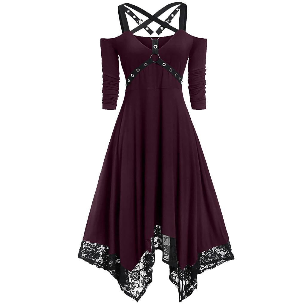 Abito Midi da Donna Spalle Scoperte con Incrocio sulla Schiena Maniche Lunghe Orlo Irregolare in Pizzo Gotico Punk Monocolore Estate 2022