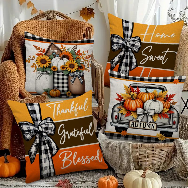 Autumn Harvest Theme Cushion Cover Floral Print Linen Cushion Cover Holiday Decorative Cushion Cushion Cover