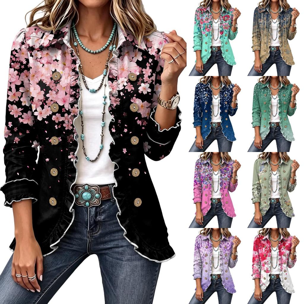 Women's Floral Print Cardigan, Long Sleeve Ruffle Open Front Top, Casual Outerwear for Spring and Fall