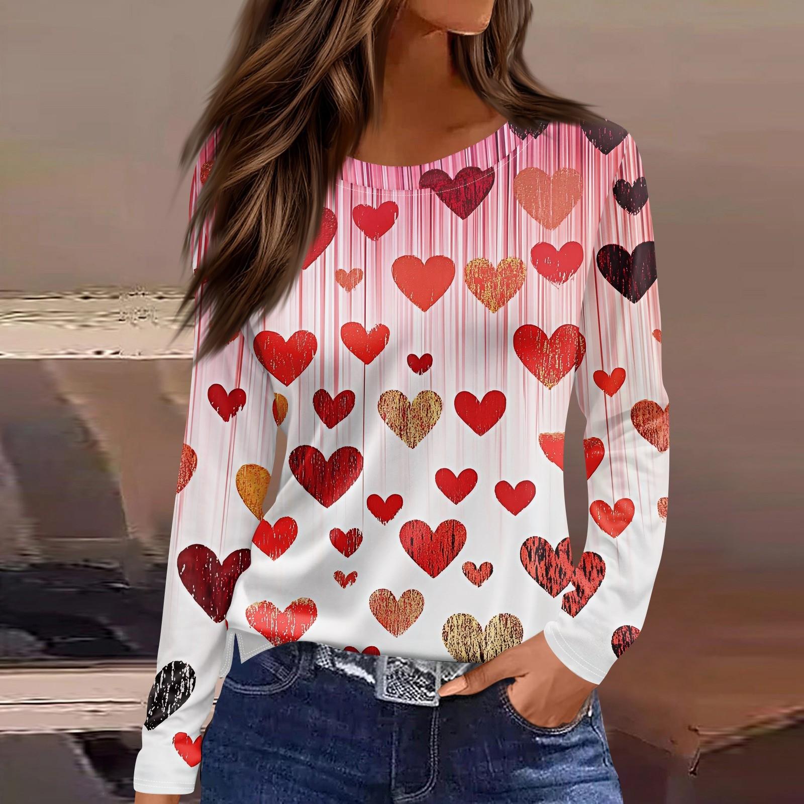 

Женская модная повседневная футболка с разрезом и круглым вырезом, длинным рукавом, с принтом ко Дню святого Валентина, женская футболка XXL