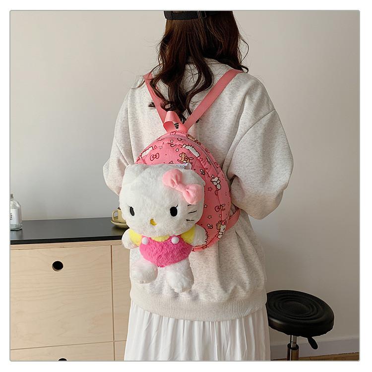Hello Kitty Cat Plush Cartoon Backpack For Girls Casual Travel Soft Material