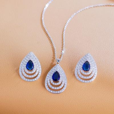 Sapphire Drop Stud Earrings Necklace Set, Slightly Inlaid Zircon Hollow Pear-Shaped Chain Set.