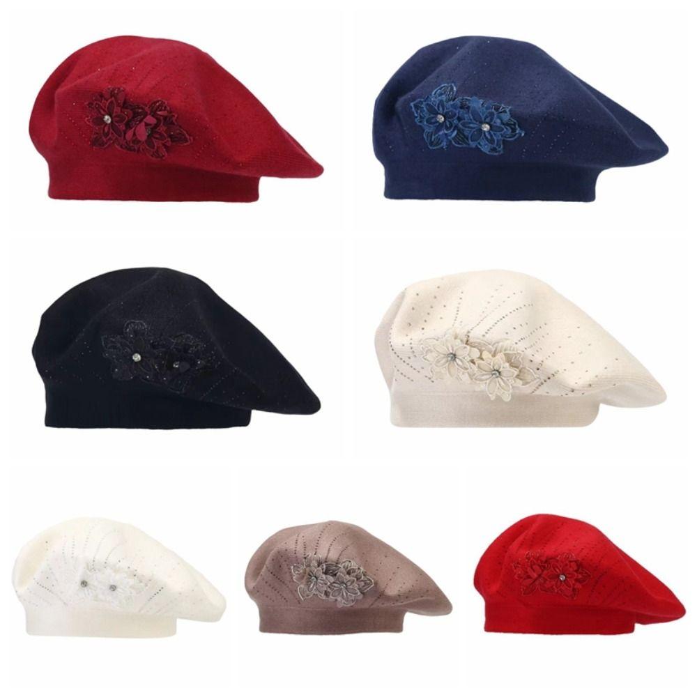 Solid Color Flower Wool Beret Knitted Beret Hat Sweet French Style Painter Cap  Autumn Winter
