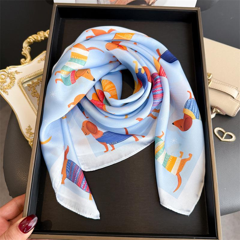 Cute Dog Print Square Silk Scarf for Women Hijab Hair Bands Neckerchief Female Satin Shawl Ribbon Headband Fashion Wraps Bandana
