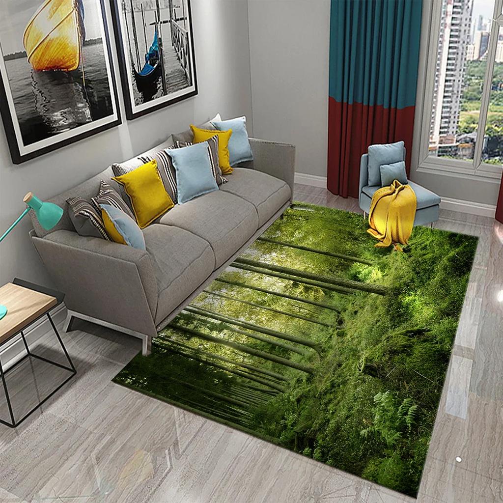 Forest Carpet Natural Landscape Rug Green Grass Rectangle Area Rugs for Adults Yoga Mats Bedroom Living Room Decor Soft Door Mat