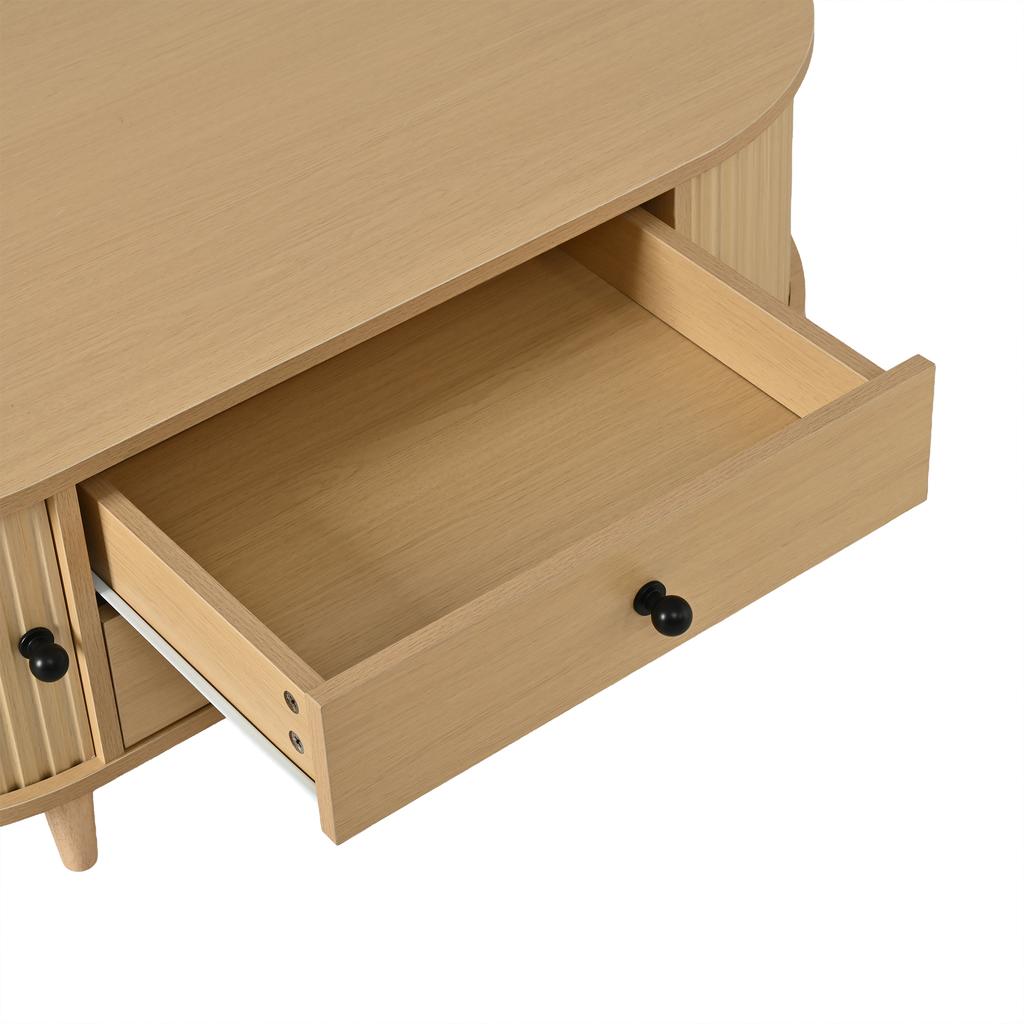 Round Coffee Table with Roller Doors, Light Wood, 2 Drawers, MDF Living Room Table with Solid Wood Legs, 100×50×36cm, Load Capacity Up To 50kg