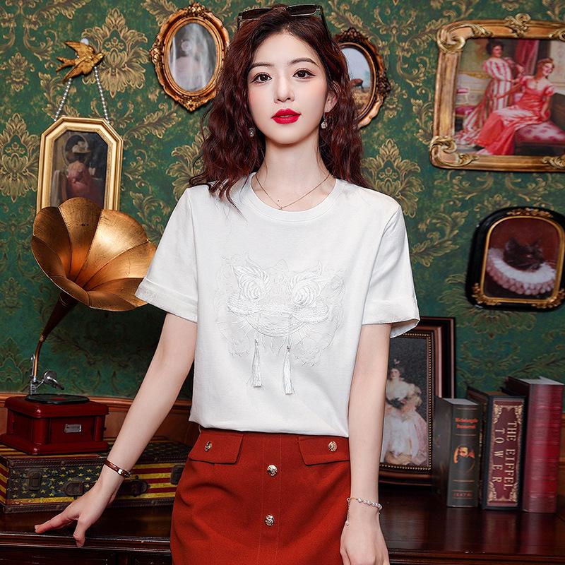 

Women s 2025 Summer National Style Embroidered Slim-Fit Short Sleeve Shirt Small
