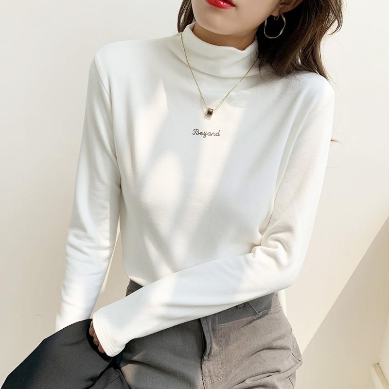 Letter embroidered semi-turtleneck bottoming shirt women's polished thermal long-sleeved T-shirt spring suit inner top