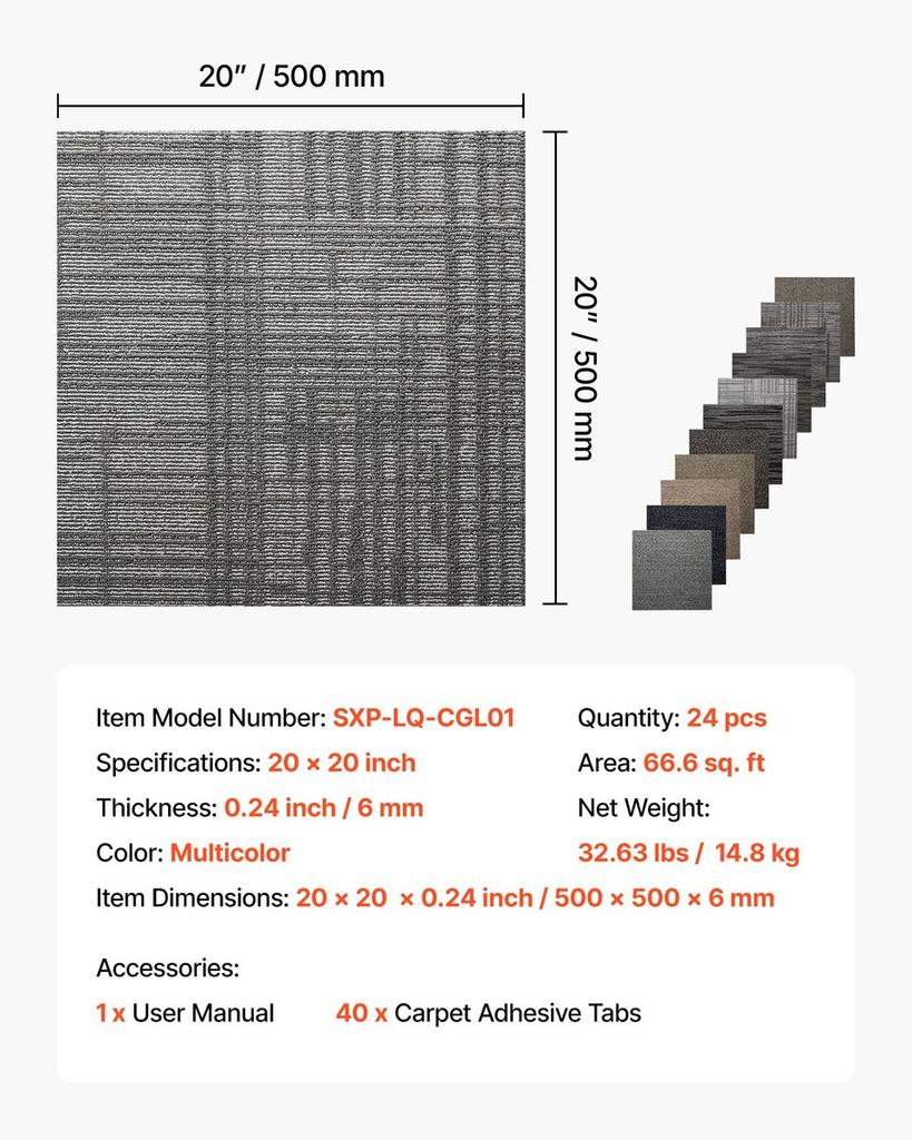 Carpet Tiles Reusable 508 x 508 mm, 24 PCS Modular Carpet Square Rug, Commercial Floor Soft Padded for Seamless Cover 6.2, Easy DIY Replacement for