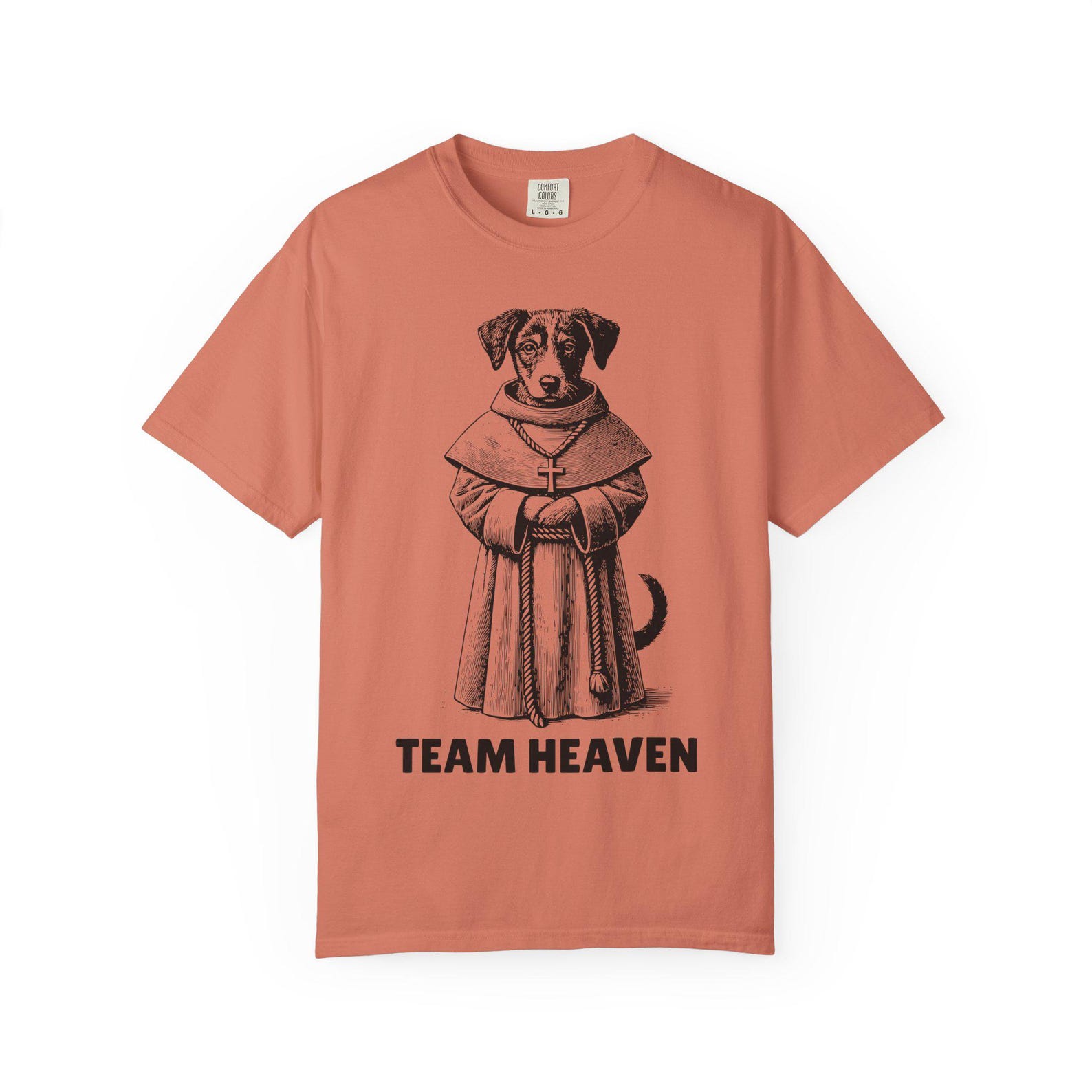 Dog Priest Illustration T-Shirt | Team Heaven Typography | Vintage Christian Engraving Style S