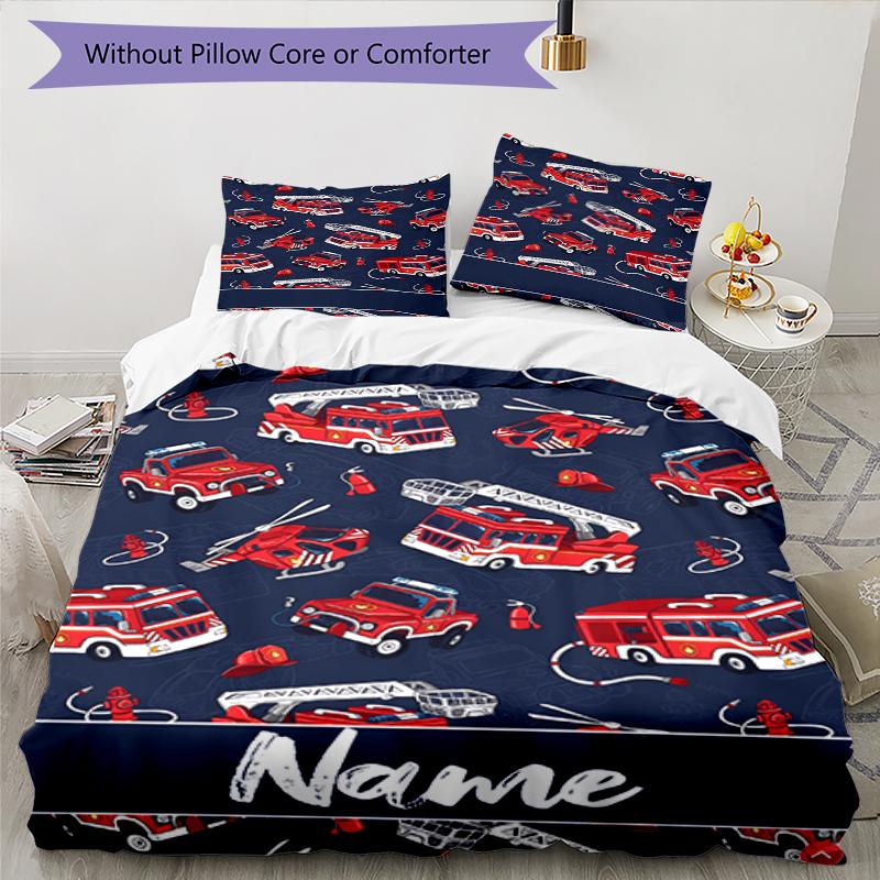 3pcs Custom Name fire truck Bedding Set Duvet Cover Closure Includes 1 Duvet Cover & 2 Pillowcases, Soft and Comfortable for All Seasons.