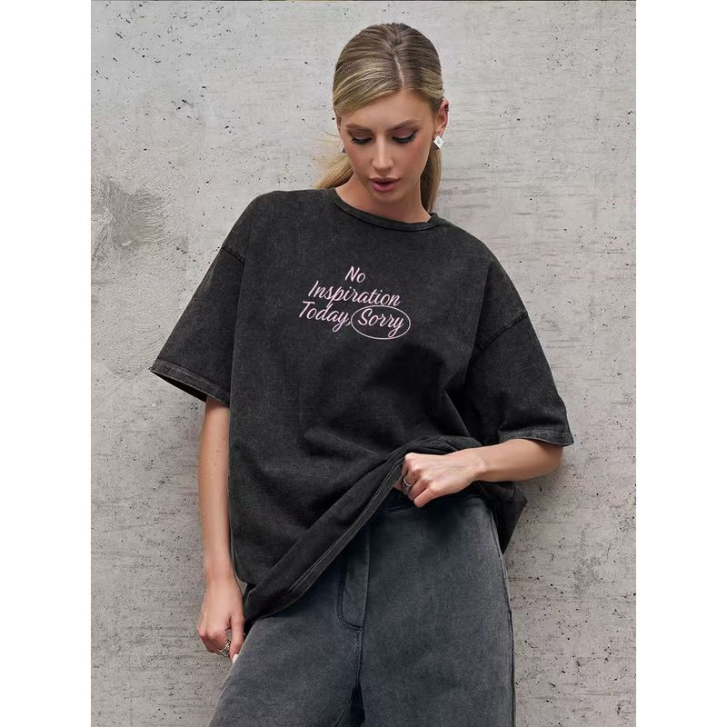 Western Style Fashion Casual Loose Washed Distressed Print round Neck T-shirt Top Printed T-shirt Top