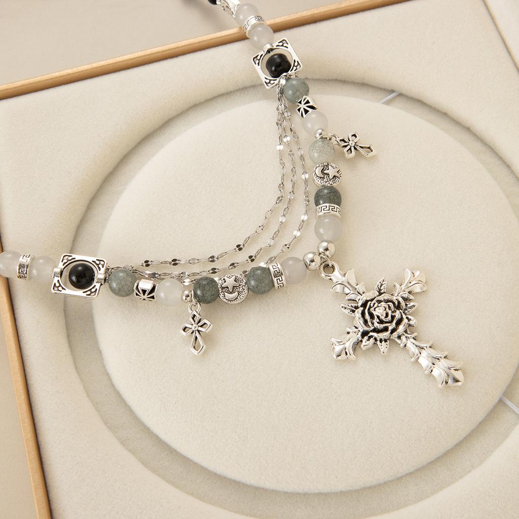 Sweet Cool Style Spice Girl Cross Beaded Rose Flower Fringed Necklace Vintage Heavy Industry Necklace Niche Personality Items