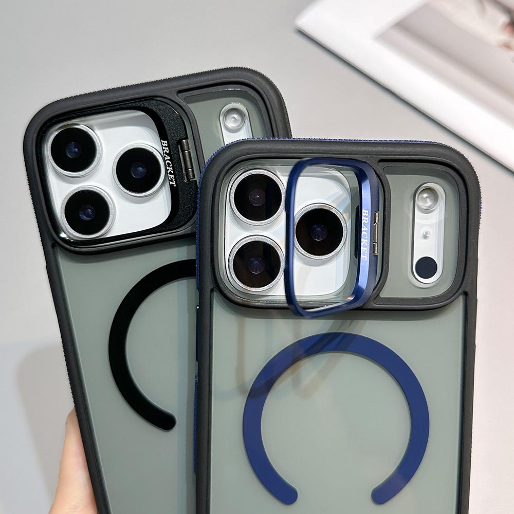 KEYSION Transparent Magnetic Lens Stand Case for MagSafe for iPhone 17 Pro Max Air TPU+PC Color Blocking Shockproof Phone Cover