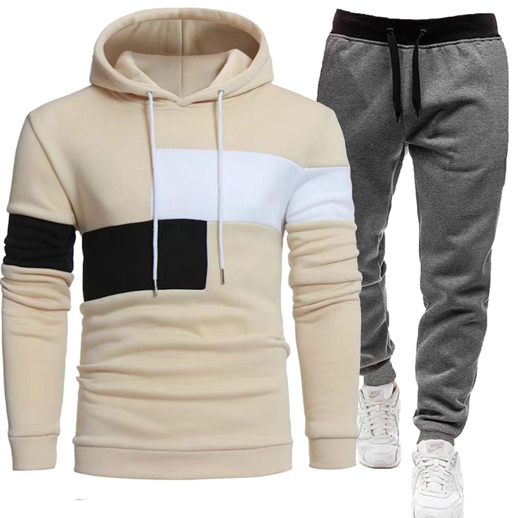 2024 Men's 3-Piece Fleece-Lined Patchwork Hoodie Sportswear Set