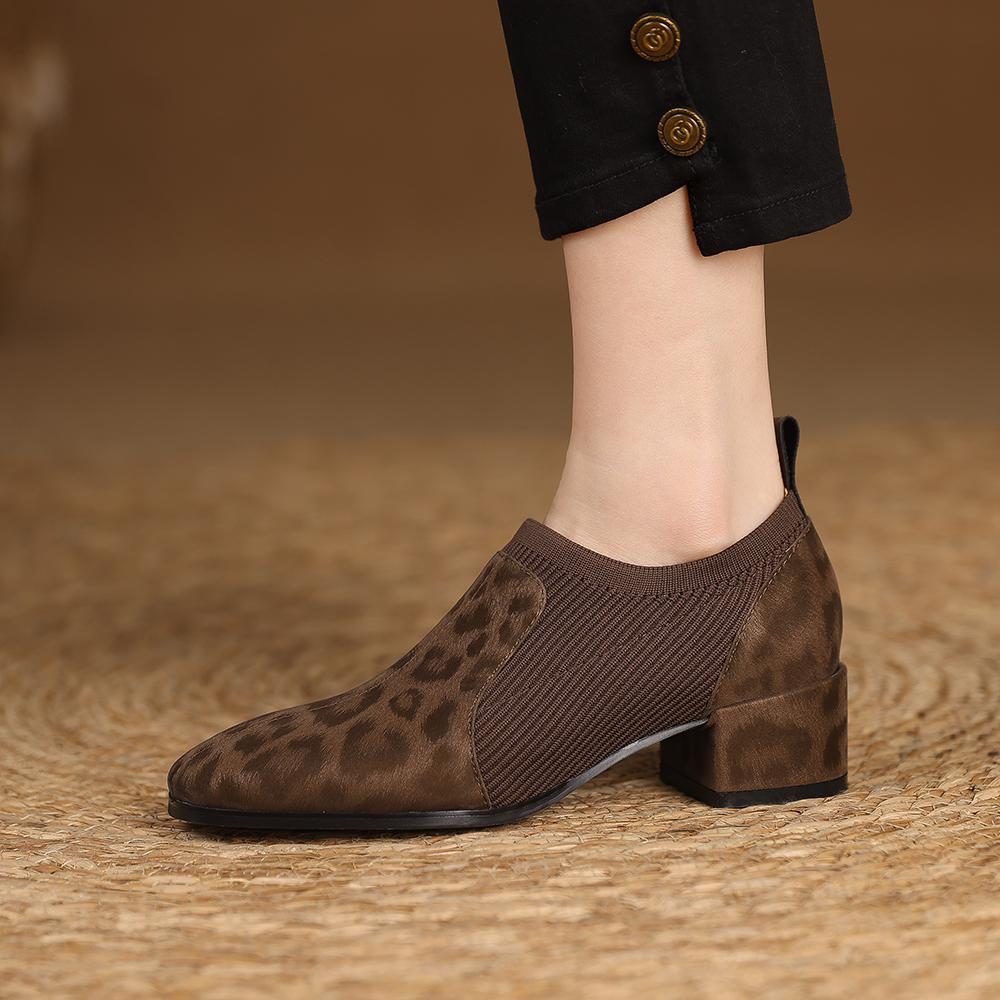 Fashion 2025 Spring New Genuine Leather Soft Work Shoes Women High Heel Stretch Square Toe Slip On Brown Black British Style Heels Women