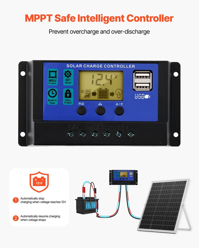 VEVOR 25W 12V Solar Panel Battery Charger, Solar Battery Trickle Charger Maintainer with Intelligent MPPT Controller & Adjustable Mount Bracket