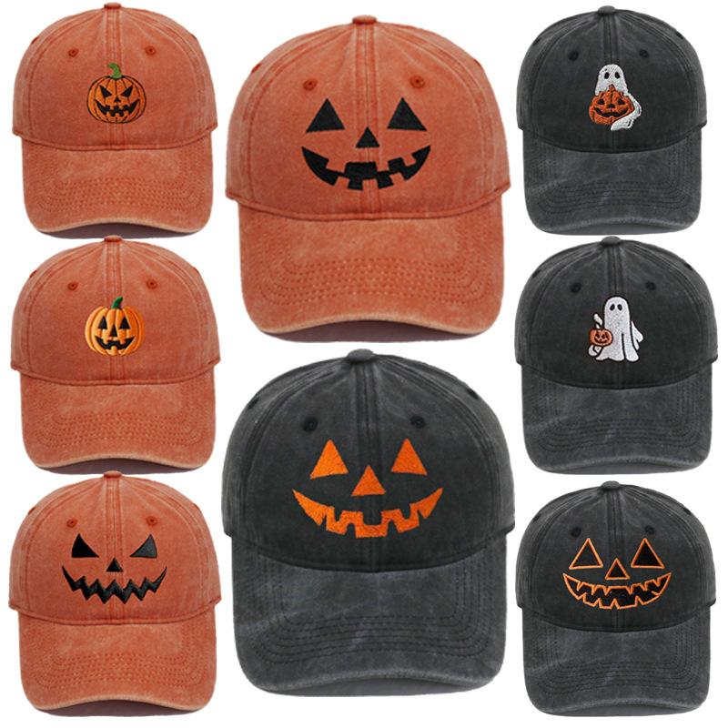 Cross-border Bestseller: Washed Soft-Top Casual Baseball Cap for Men and Women with Halloween Embroidered Pumpkin Smiley Face