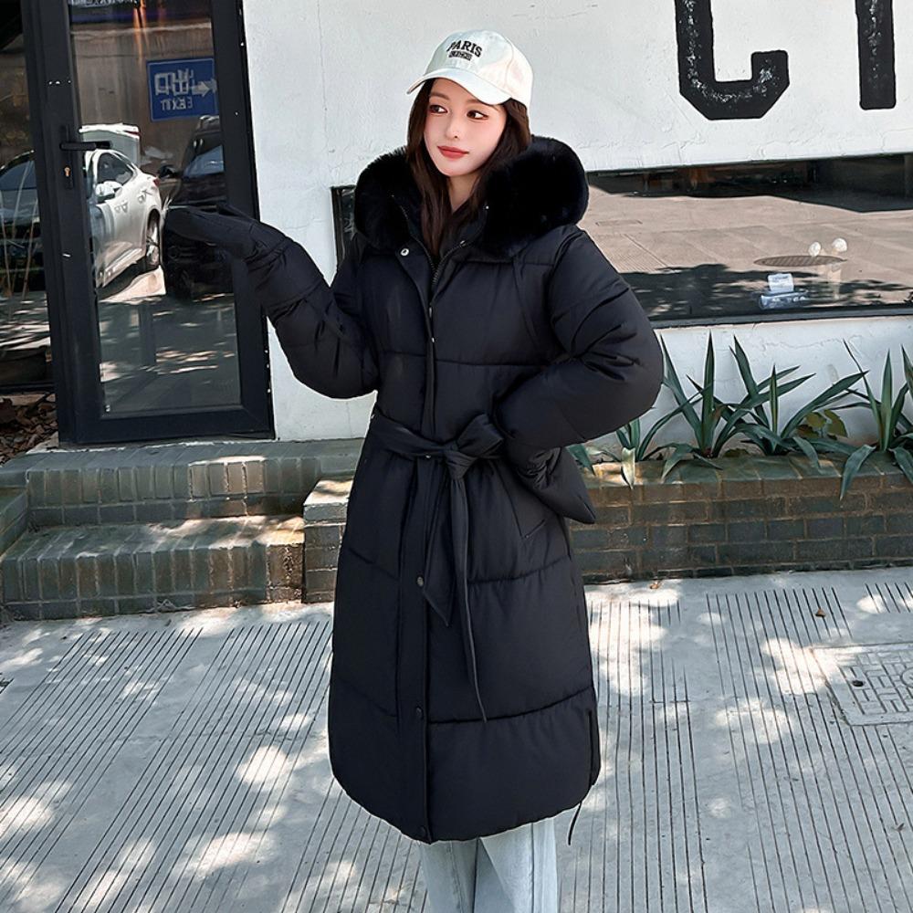 Down Cotton Clothes Women's Medium Length Over the Knee Korean Version Waist Large Fur Collar Thickened Warm Hooded Jacket