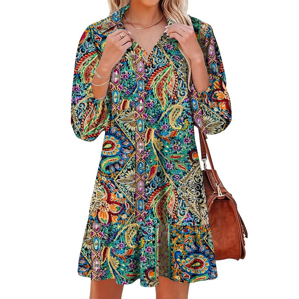 Women's Fashion Elegant Autmn And Winter Long Sleeve V,Neck Christmas Print Dress