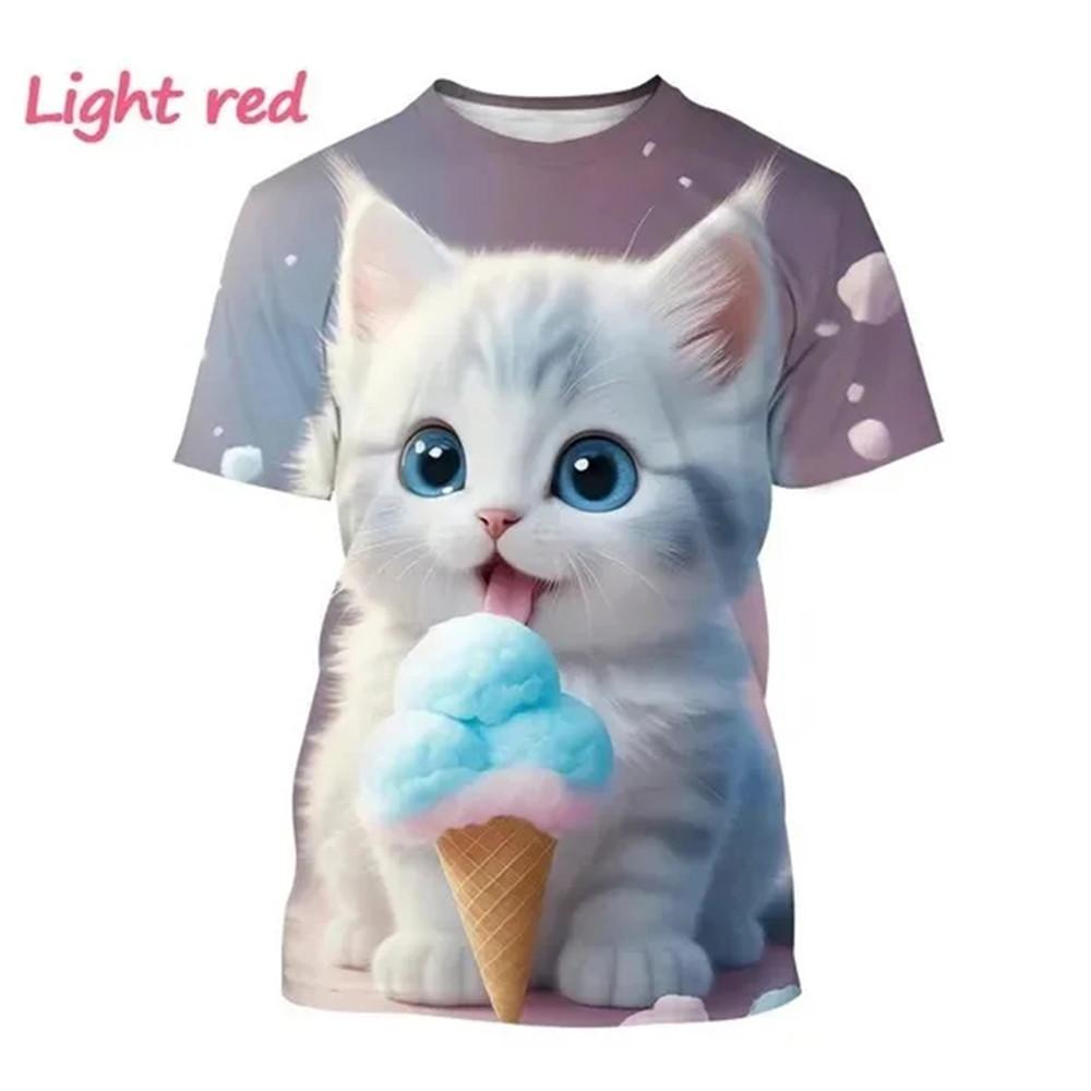 Children's T-Shirt Cute Cat Graphic Girl Round Neck Kids Clothes Fashion Summer Top