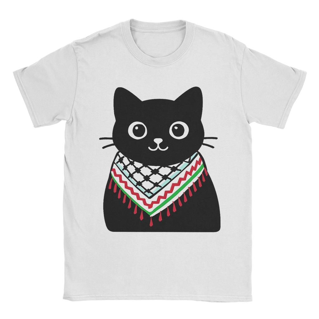 Palestine Cat Wearing the keffiyeh T Shirts for Men Pure Cotton Funny TShirts Round Collar Tees Short Sleeve Clothing Adult
