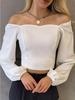 French Style Square Neck Long Sleeve Solid Color Casual Top for Women