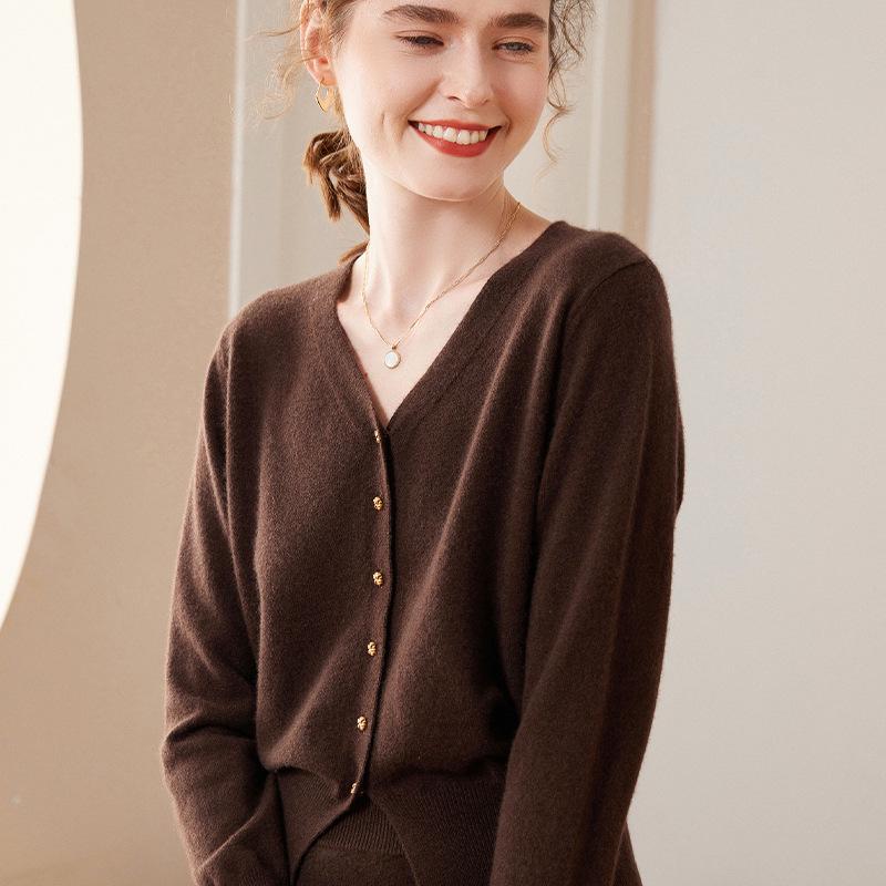 Women's Cashmere V-Neck Button Cardigan - Long Sleeve, Versatile, Loose Knit Outerwear, Lightweight Base Layer Sweater