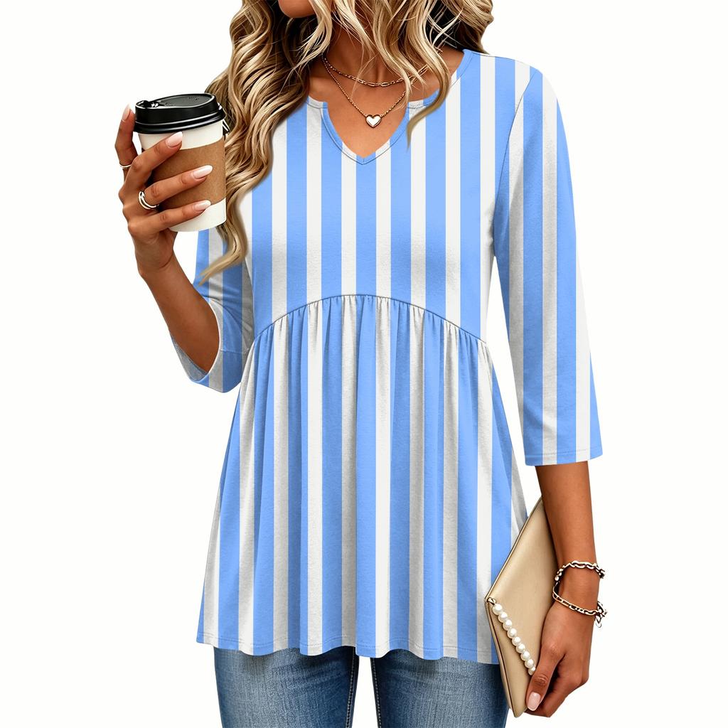 Damen Freizeitbluse mit Streifenmuster, V-Ausschnitt und Dreiviertelärm für die Arbeit oder den Alltag