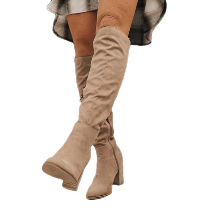 Women's Suede Thick Heel Pointed Side Zipper Solid Color Fashion Knight Boots