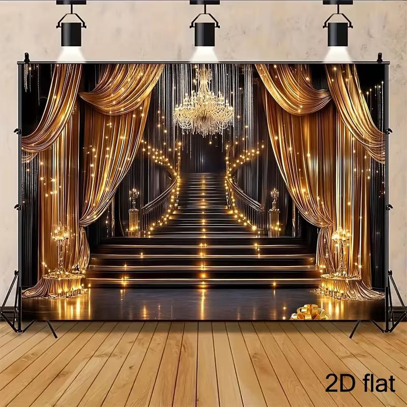 Schwarz-Gold Bühnenhintergrund Eleganter Ballsaal Treppenhaus mit Lichtern Fotografie Hintergrund