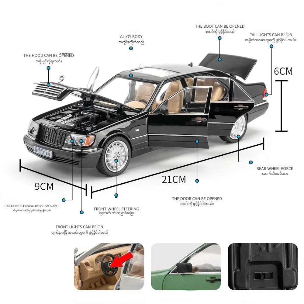 1:24 Mercedes-Benz W140 320SEL Mașină Clasică Model Mașină din Aliaj Sunet și Lumină Pull Back Jucărie pentru Copii Colecționabile Cadou de Ziua de Naștere C335
