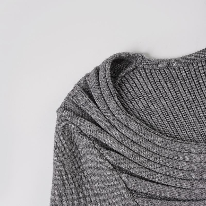 Women's European & American Style Grey Twist Slim-fit Pleated V-neck Long Sleeve Top
