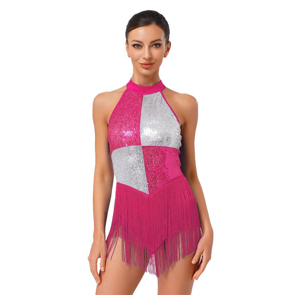 Womens Latin Dance Costume Sleeveless Backless Color Block Design Shiny Sequins Tassels Leotard