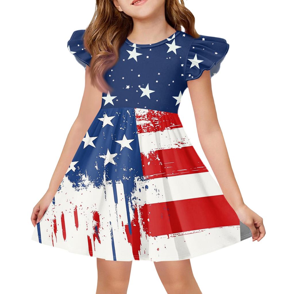 Girls Dress Flutter Sleeve Star Pattern Spliced Dress Casual Summer Dress Lightweight Soft Fabric Comfortable Fit