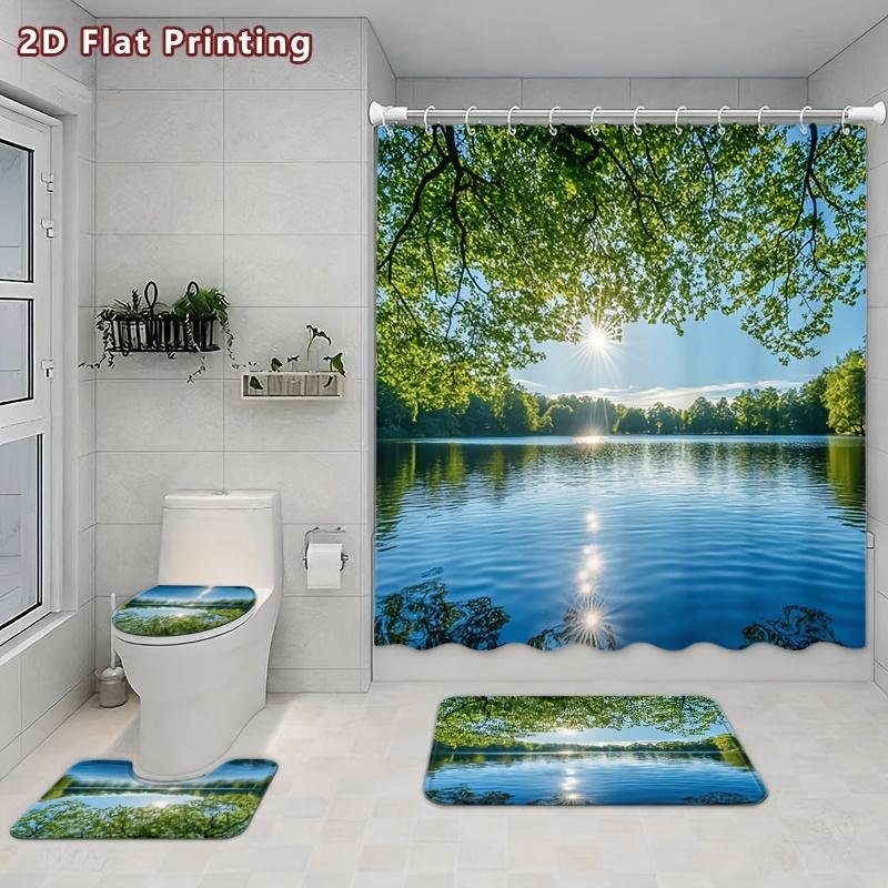 4Pcs 2D Flat Serene Lake Forest Shower Curtain Set with Non-Slip Bath Mat, Toilet Lid Cover, Contour Rug & 12 Hooks, Bathroom Decor
