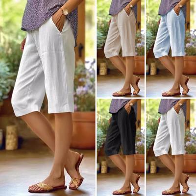 Casual Shorts with Large Side Pockets Elastic Waist Straight Wide Leg Knee-Length Pants Solid Color
