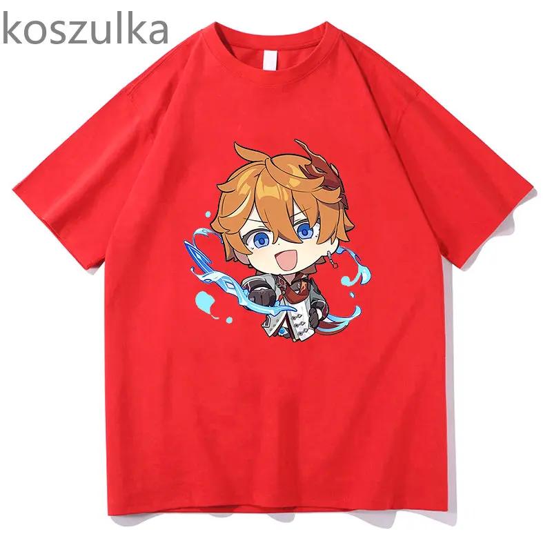 Tartaglia T-Shirt Genshin Impact – Chibi Childe Paar, 100 % Baumwolle, süßer Cartoon-Druck, Damen-Shirt, Sommer, gemütlich, weich, lässige Tops