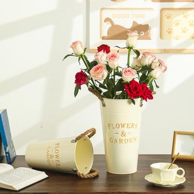 Yousheng Deep Bucket Vase Galvanized Iron Flower Bucket with Rope Handles Retro Farmhouse Vase for Home Flower Arrangement